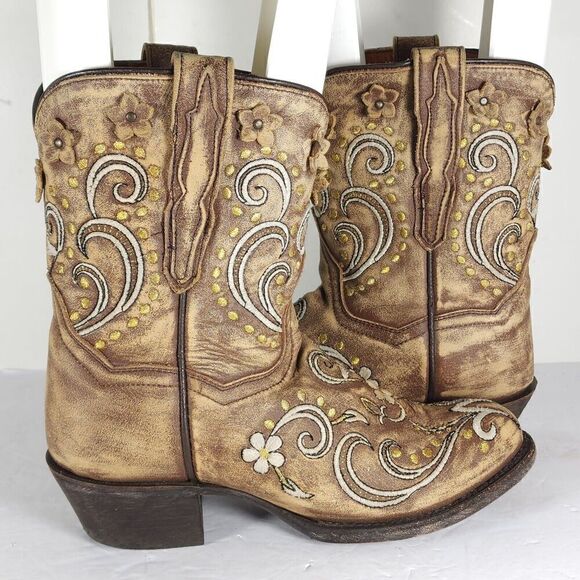 Dan Post Women’s US 6M Tan Leather Distressed Floral Embroidered Western Boots - Picture 9 of 13